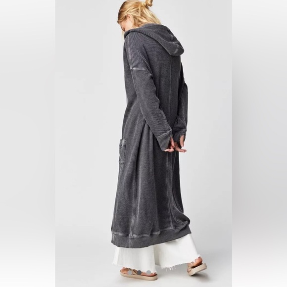 Free People One Harley Cardi Hoodie Maxi Waffle Knit Slouchy Charcoal - Picture 2 of 5